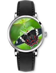 SPRAWL Aanalog Fashion Series Silver Ladies Watches of Genuine Black Leather Strap,Unique Wrist Watch for Women Girls Designed with Black butterfly on green leaves