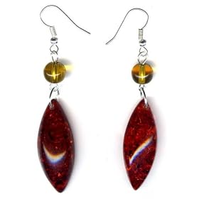 Boucles d'oreilles en r�sine ambre Navette Cognac sur crochets en Argent massif 925