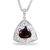 Trilliant Garnet and Round Diamond Necklace Pendant in Sterling Silver - 1.86 cttw