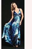 IMAGE OF L815 Blue Print Halter Satin Pageant Formal Gown