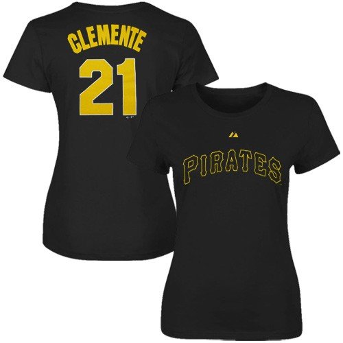 Majestic Pittsburgh Pirates #21 Roberto Clemente Ladies Black Cooperstown Player T-shirt (Small)