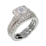 Antique Estate Style White Gold Sterling Silver Cubic Zirconia Wedding Engagement Ring Set