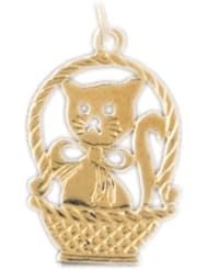Dazzlers Solid 14 karats Gold Cat Kitten in Basket Charm Pendant available in three colors from jewelsberry (weights: 1.2 grams only)