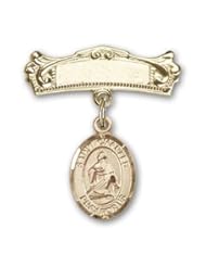 Gold Filled Baby Badge with St. Charles Borromeo Charm and Arched Polished Badge Pin. Catholic Saint Charles Borromeo Patron Saint of Catechists, Seminarians