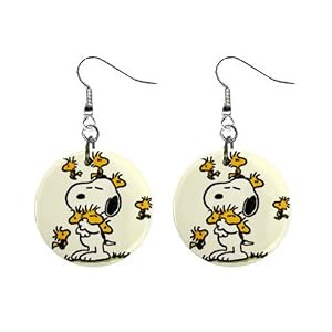 1 Inch Button Earrings of Art Deco Snoopy with Woodstock and Friends (Charlie Brown, Peanuts,...