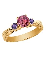 0.95 Ct Round Pink Diamond Purple Amethyst 18K Yellow Gold 3-Stone Ring