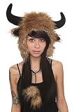Deluxe Brown Fur Viking Buffalo Hat with Horns & Poms