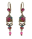 Michal Negrin Dangle Earrings with Flower Elements, Drop Beads, Fuchsia and Multicolor Swarovski Crystals