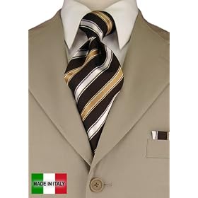 Woven Silk Mens Necktie + Pocket Square Hand Made in Italy By Valenti Ties and Hanky Set Brown Beige Stripe
