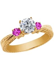 1.26 Ct Round H/I Diamond Pink Sapphire 14K Yellow Gold 3-Stone Ring