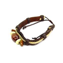 Leather String Jade Bracelet, Brown Leather with Tibet Bead