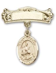14K Gold Baby Badge with St. Gerard Charm and Arched Polished Badge Pin