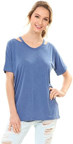 Fashion Cafe Women's Botanic Fabric Short Sleeve V-Neck Top (Small, Blue)