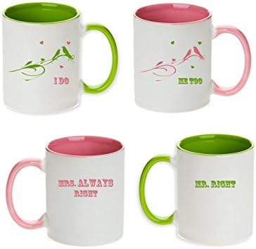Elegant Love Birds I Do, Me Too Mr. Right & Mrs. Always Right Mugs (Pink & Lime Green) 2 Pcs