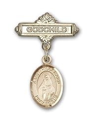 14K Gold Baby Badge with St. Hildegard Von Bingen Charm and Godchild Badge Pin