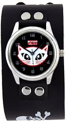 Split Leather White Cat Skull Print Black Leather Wrist Watch