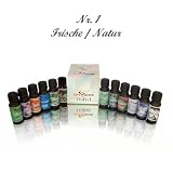 Produkt-Bild: Qualit&auml;tsduft&ouml;l Made in Germany 12 er Packung Duft&ouml;l a`10 ml - Ensemble Nr.1 Frische / Natur mit den Sorten Blue Aqua, Eucalyptus, Vanille, Jasmin, Laevendel, Lemongras, Minze, Obstbl&uuml;te, Veilchen, Rose, Tanne, Wildkirsche
