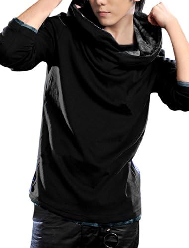 Men Hooded Cowl Neck Pullover Casual Hoodies Black M