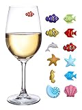 Summer Beach Wine Charms - Magnetic Glass Markers for Stemless Glasses, Martinis and More - Set of 12 Tropical Fish & Shell Charms - Summer Hostess Gift
