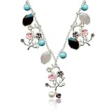 Sterling Silver Pink, Brown, Ivory and Light Green Enamel Flowers with Turquoise, Purple Bead and Freshwater Cultured Pearl, Pink and Brown Beads On Tree Branch Necklace, 16 + 2