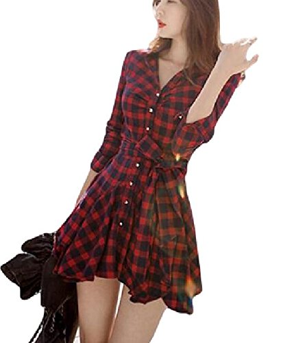 【AFH】 ワンピース レッド ブラック チェック ボタン リボン レディース