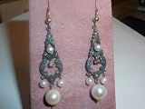 Victorian Silver Dangle Pearl Earrings 0.30ct Diamonds