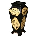 Handmade Asian Furniture - 27" Antique Style Black Lacquer Decorative Wood Vase W/ White Panels