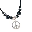 Simple Peace Sign Black Beaded Girls Pendant on Black Cord Necklace