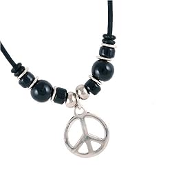 Simple Peace Sign Black Beaded Girls Pendant on Black Cord Necklace -- Handmade In USA