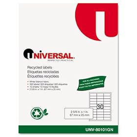 Universal 80101GN - Laser Printer Permanent Labels, Recycled, 1 x 2-5/8, White, 300/Pack-UNV80101GN
