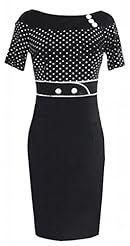 Bateau Neck Polka Dot Print Cotton/Spandex Short Sleeves Lace Bodycon Dress 
