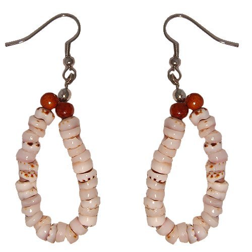 Hawaiian Tiger Puka Shell Hoop Earrings with Koa Wood Beads