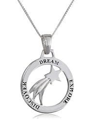 Sterling Silver "Dream, Explore, Discover" Shooting Star Circle Pendant Necklace , 18"