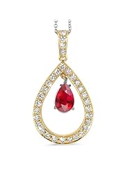 Twin Pear Shaped Diamond Pendant In 18K Yellow Gold With A 0.75 ct. Genuine Ruby Center Stone.