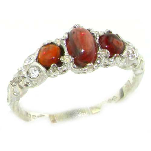 Ladies Solid Sterling Silver Natural Cabochon Garnet English Victorian Trilogy Ring - Finger Sizes 5 to 12 Available