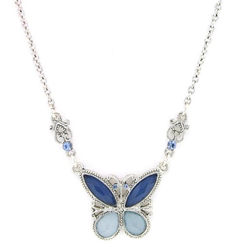 Flights of Fancy Silver Tone Sapphire Hues Butterfly Necklace