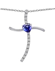 CandyGem 925 Sterling Silver Lab Created Heart Shape Sapphire Cross Pendant