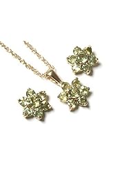 Peninsula Jewellery 9Ct Gold Peridot Cluster Pendant With Chain And Earrings