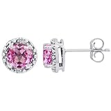 CandyGem 10k Gold Lab Created Round Pink Tourmaline and Diamond Earrings