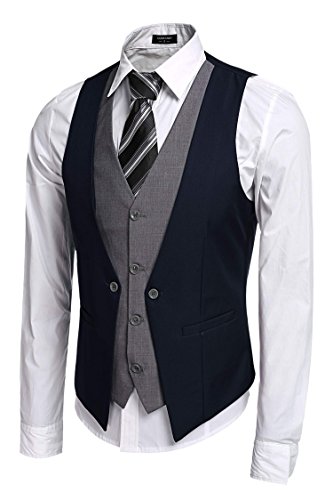 Coofandy Men's V-neck Sleeveless Slim Fit Jacket Business Suit Vests, Blue, Large