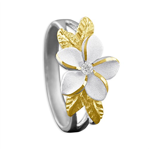 Sterling Silver 14kt Yellow Gold Plated Accents Plumeria and Maile Leaf Synthetic CZ Ring