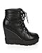 Women Leatherette Lace Up Lug Sole Wedge Combat Bootie CH39 - Black Leatherette