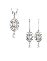 Sterling Silver Freshwater Pearl and Diamond Necklace and Earring Set -- LIFETIME WARRANTY