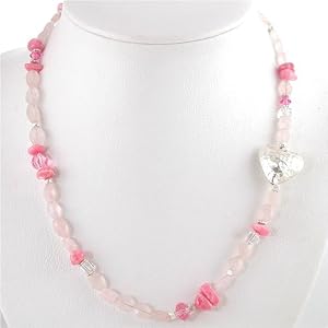 Pink Quartz, Rhodochrosite and Crystal Gemstone Bead Necklace with Three Dimensional Hammered Heart in Sterling Silver 19" Length #8825