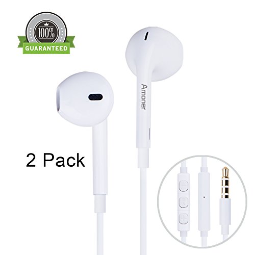 Amoner Premium Earphones/Headphones/Earbuds with Stereo Mic&Remote Control for Apple iPhone 6s/6/6plus,iPhone SE/5s/5c/5, iPad /iPod and More - White(Pack of 2)