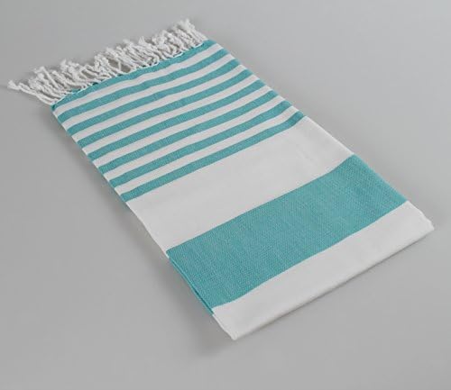 High Quality Turkish Bath Towel, White with Colorful Stripes, Authentic Peshtemal Towel, Thin and Super Absorbant, Use as a Luxury Bath Sheet, Beach Towel or Pool Towel (Aqua)