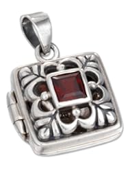 Sterling Silver Square Filigree Locket with Garnet