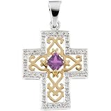 14K Two-Tone Gold Amethyst and Diamond Anniversary Cross Pendant - 22.00x18.50mm