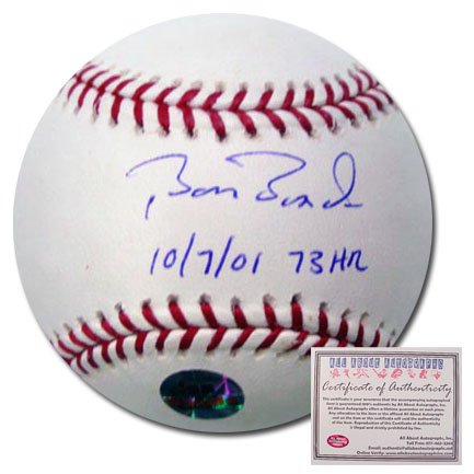 Barry Bonds San Francisco Giants Hand Signed Rawlings MLB Baseball with 73 HR 10/7/01 Inscription