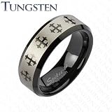Tungsten Carbide Black IP Laser Etched Multi Cross Comfort Fit Band Ring - 8mm Width - Sizes: 9-13